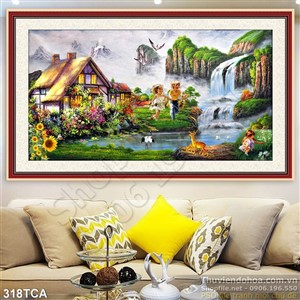 Tranh Sơn Dầu Châu  nhà và thác nước