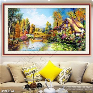 Tranh Sơn Dầu Châu Âu ngôi nhà trên sông