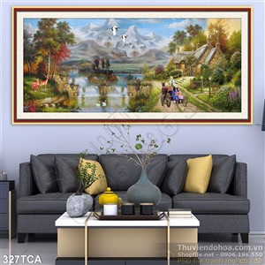 Tranh Sơn Dầu Châu Âu ngôi nhà trênsông