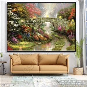 Tranh Sơn Dầu Châu Âu cây cầu bắc qua sông