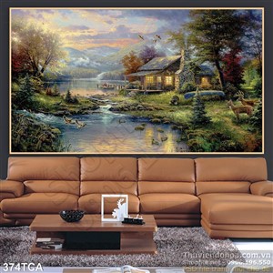 Tranh Sơn Dầu Châu Âu ngôi nhà bên suối
