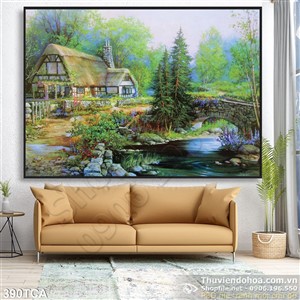 Tranh Sơn Dầu Châu Âu ngôi nhà ven suối