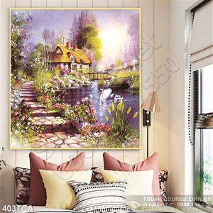 Tranh Sơn Dầu Châu Âu ngôi nhà và thiên nga