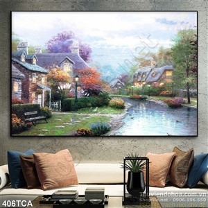 Tranh Sơn Dầu Châu Âu khu nhà en sông