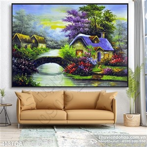 Tranh Sơn Dầu Châu Âu ngô nhà và chiếc cầu