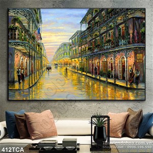 Tranh Sơn Dầu Châu Âu dãy phố lên đèn