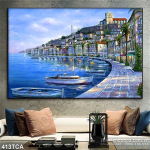 Tranh Sơn Dầu Châu Âu thành phố ven sông