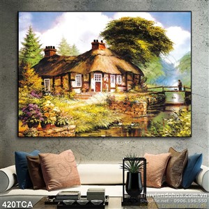 Tranh Sơn Dầu Châu Âu ngôi nhà trên sông