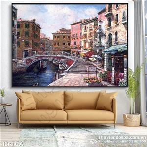 Tranh Sơn Dầu Châu Âu thành phố trên sông