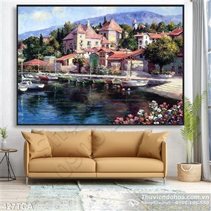 Tranh Sơn Dầu Châu Âu khu phố ven sông