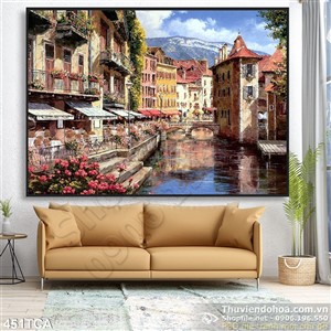 Tranh Sơn Dầu Châu Âu khu phố trên sông