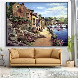 Tranh Sơn Dầu Châu Âu khu nhà dọc bờ sông