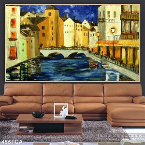 Tranh Sơn Dầu Châu Âu khu nhà trên sông