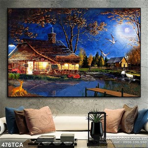 Tranh Sơn Dầu Châu Âu ngôi nhà về đêm