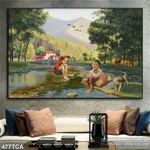Tranh Sơn Dầu Châu Âu trẻ em bên sông