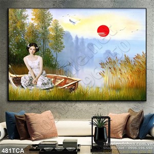 Tranh Sơn Dầu Châu Âu thiếu nữ bên thuyền