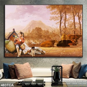 Tranh Sơn Dầu Châu Âu trẻ em nông thôn