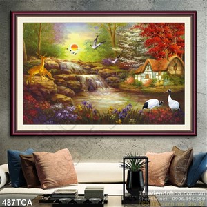 Tranh Sơn Dầu Châu Âu ngôi nhà bên thác