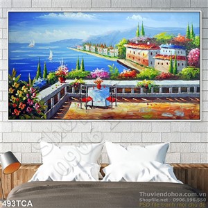 Tranh Sơn Dầu Châu Âu cảnh ban công nhìn ra biển
