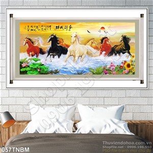 Tranh Bát Mã Psd thư pháp trang trí phòng khách