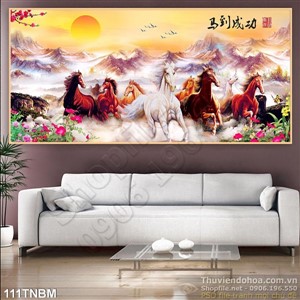 Tranh Bát Mã Psd thư pháp trang trí phòng khách