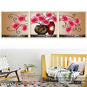 Tranh ghép  hoa hồng và bình hoa cổ 3d