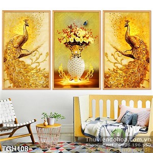 Tranh ghép chim công và bình hoa mạ vàng 3d