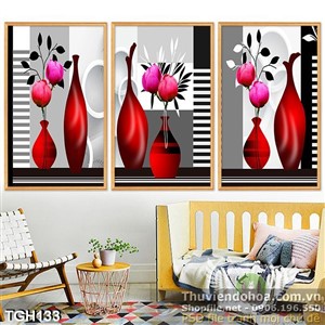 Tranh ghép 3d bình hoa màu đỏ