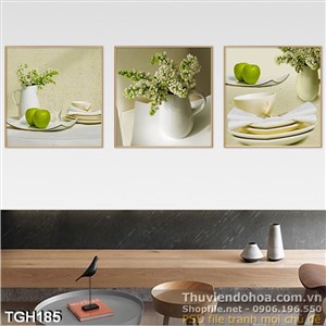 Tranh ghép bàn ăn và quả táo xanh 3d