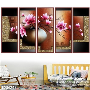 Tranh ghép bình hoa cổ 5 tấm ấn tượng 3d wall