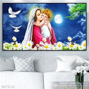 Tranh Mẹ maria và chúa hài nhi bên ánh trăng