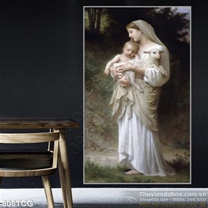 Tranh công giáo Mẹ maria và Chúa hài nhi và con chiên