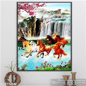 Tranh Bát Mã và thác nước phong thủy
