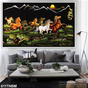 Tranh ngựa 8 con chạy trên bãi cỏ