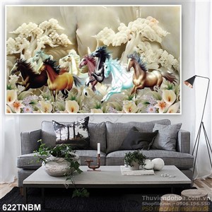 Tranh 8 con ngựa trên nền đá phong thủy