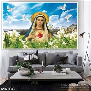 Tranh công giáo Mẹ Maria thương xót và bầu trời