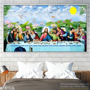 Tranh công giáo bữa tiệc ly và hoa sen in decal