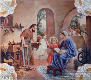 Tranh công giáo thánh Giu se và Mẹ Maria nuôi dưỡng Chúa hài nhi