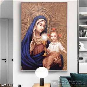 Tranh công giáo Mẹ Maria Chúa hài nhi và chén bánh thánh