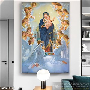 Tranh công giáo Mẹ Maria bế chúa hài nhi và các thiên thần