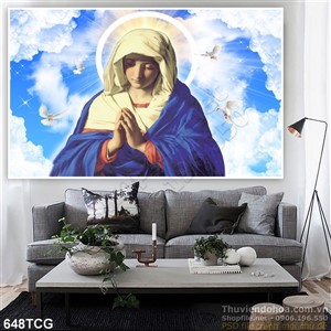 Tranh công giáo Mẹ Maria cầu nguyện và chim bồ câu