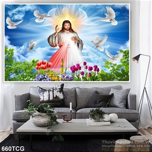 Tranh Chúa Jesus và đàn chim bồ cầu trắng