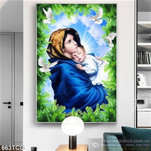 Tranh Mẹ Maria ru ngủ Chúa hài nhi in gạch uv