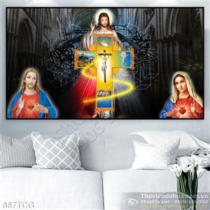 Tranh công giáo thập giá chúa thương xót và Mẹ Maria