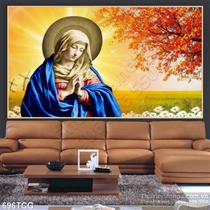 Tranh công giáo Mẹ Maria cầu nguyện mùa thu wall decor