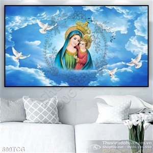 Tranh nữ vương Maria trên bầu trời wall in vải canvas