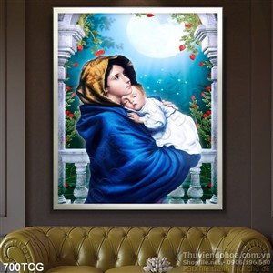 Tranh công giáo Mẹ Maria ru Chúa hài nhi đi ngủ