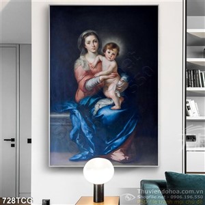 Tranh công giáo Chúa hài nhi bên cạnh mẹ maria