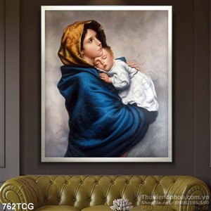 Tranh công giáo Mẹ Maria và Chúa hài nhi wall in gạch đẹp
