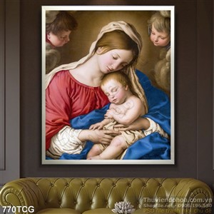 Tranh Mẹ Maria chăm sóc Chúa hài nhi in psd